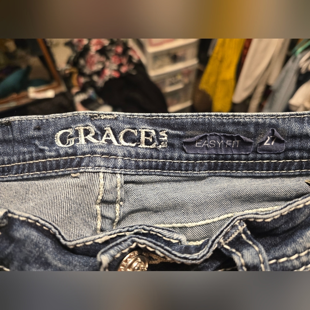 Grace in LA Women's Dark Blue Embroidered Boot Cut Jeans - Picture 3 of 12